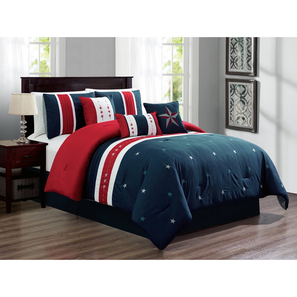 7Pc Western Star Stripe Lines Embroidery Pleated Comforter Set Red