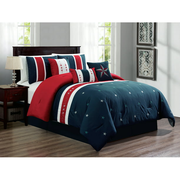 7-Pc Western Star Stripe Lines Embroidery Pleated Comforter Set Red ...