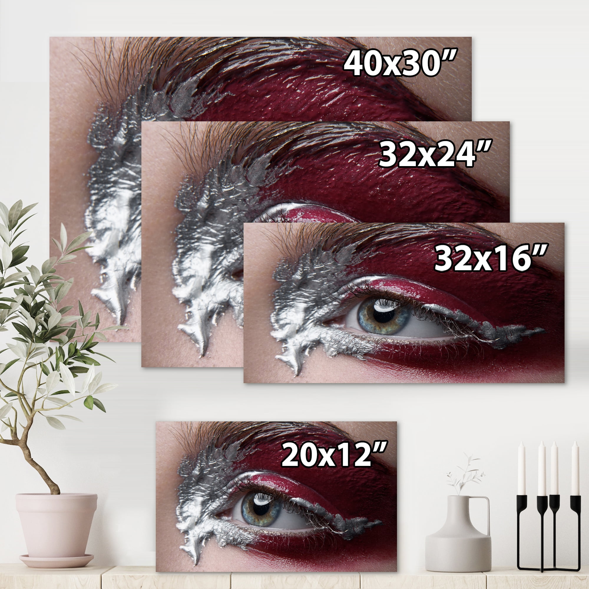 Designart ' Close Up of A Woman Eye With Red Makeup On ' Modern Canvas Wall Art Print