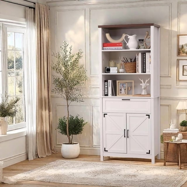 Kojooin 72 Inch Tall Bookshelf with Doors, 6-Tire Farmhouse Bookcase Floor Standing Bookshelves Display Cabinet with Drawer and Adjustable Shelves for Study, Living Room, Bedroom, White