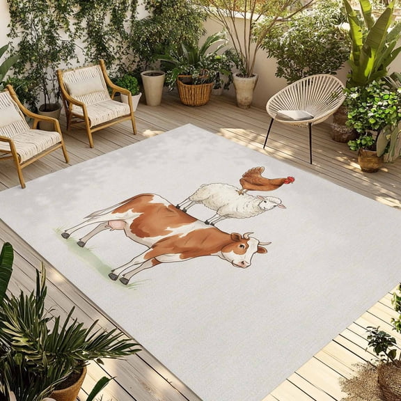 Indoor Outdoor Area Rugs,Farmhouse Cattle Sheep Chicken Patio Rug Non-slip Quick Dry Camping Rugs,Cartoon Floor Carpet for Porch Deck Backyard Decor,4x6ft