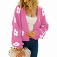 thumbnail image 2 of Women'S Cute Daisy Cropped Knitted Cardigand Open Front Long Sleeve Loose Sweater Jackets Outwear Rose Red L, 2 of 9