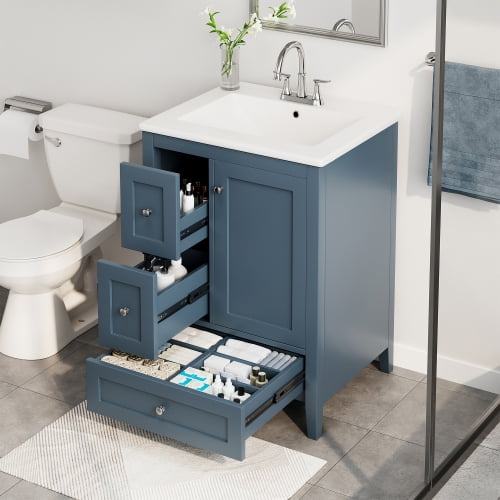 24 inch Bathroom Vanity with Ceramic Sink, Blue Gray Freestanding Vanity with Soft Close Hinges, Adjustable Shelf, 3 Drawers & Removable Dividers for Small Bathroom