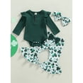 thumbnail image 3 of Musuos Baby Girl Spring Outfit 3 6 12 18M Solid Color Long Sleeve Crew Neck Romper Green Clover Print Flare Pants Bow Headband 3Pcs Set, 3 of 10
