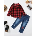 thumbnail image 2 of KIMI BEAR Toddler Baby Boys Pant Sets Fall 2-3T Baby Boys Outfits Plaid Long Sleeves Sweatshirt Tops Rippede Denim Pants 2pcs Red, 2 of 9
