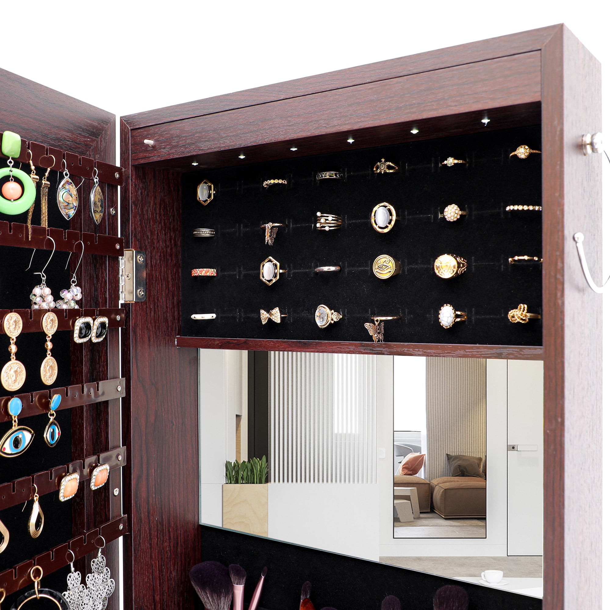Resenkos LED Light Mirrored Jewelry Cabinet with Storage Drawer, Door/Wall Jewelry Armoire with Full-Length Mirror Brown Resenkos LED Light Mirrored Jewelry Cabinet with Storage Drawer, Door/Wall Jewelry Armoire with Full-Length Mirror Brown