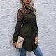 thumbnail image 3 of Blusa de longitud media Perspectiva Encaje Redondo Cuello Botón Cintura Alta Cinturón Top para Mujer Verde Ejército L, 3 of 6