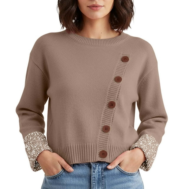 Fgnfyis Womens Sweaters Asymmetrical Button Pullover Ribbed Knit Soft Comfortable Casual for Fall Winter Fashion Brown