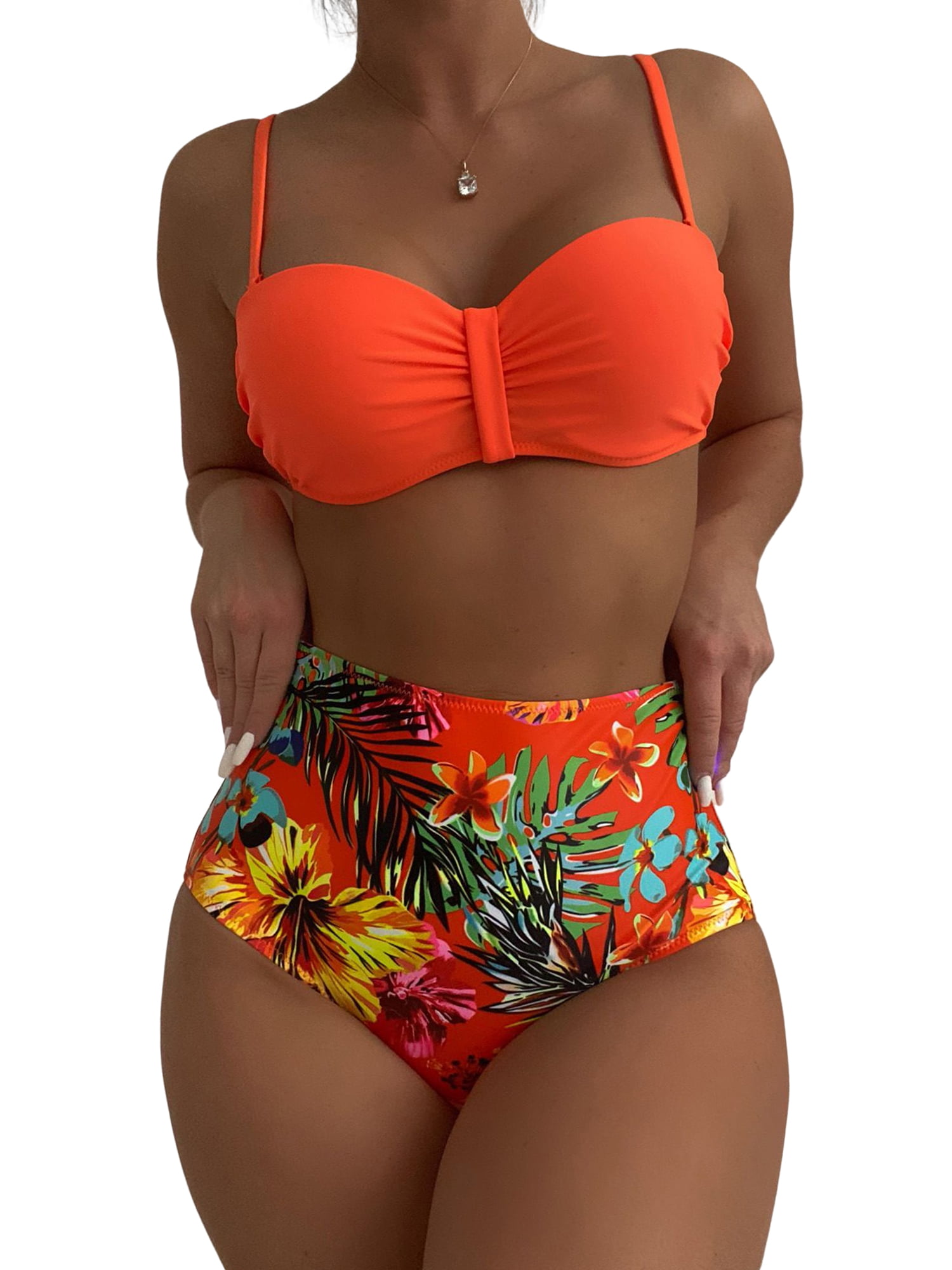 Frontwalk Ladies Swimsuit Floral Print Swimwear Two Piece Swim Bikini Sets  Women Wire-free Beachwear Sleeveless Bathing Suits Orange M 