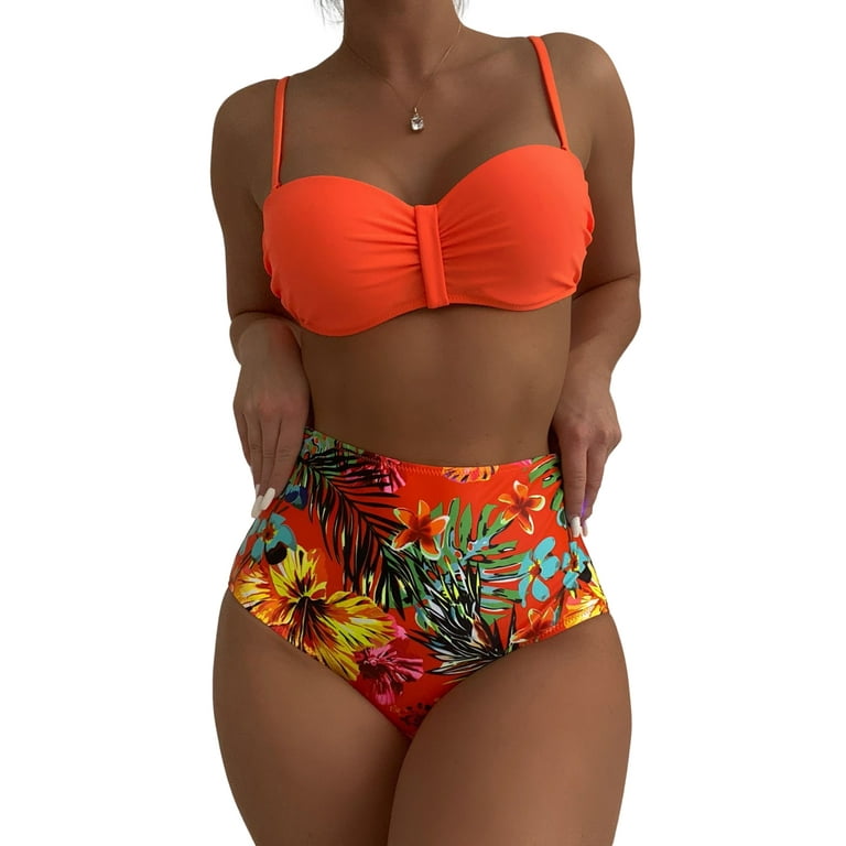  Milumia Women's 2 Piece Floral Smocked Bikini Swimsuit Tie  Halter Bathing Suit Multi Orange X-Small : Clothing, Shoes & Jewelry