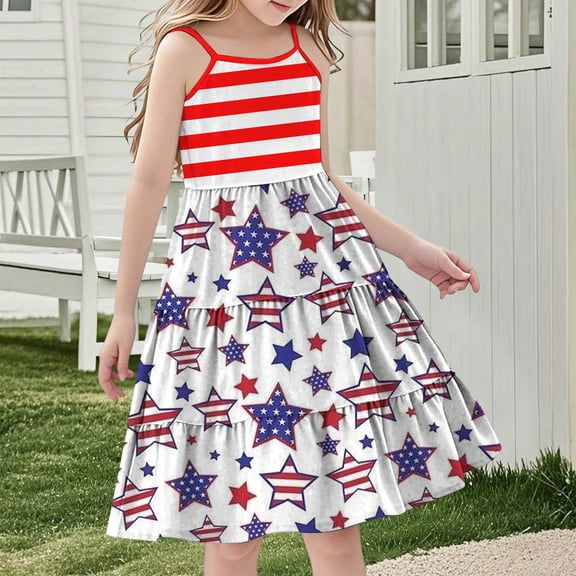 Rciityk Girls 4th of July Cami Dress Patriotic American Flag Print Sleeveless Casual Dress - Independence Day Outfit 3-14Y