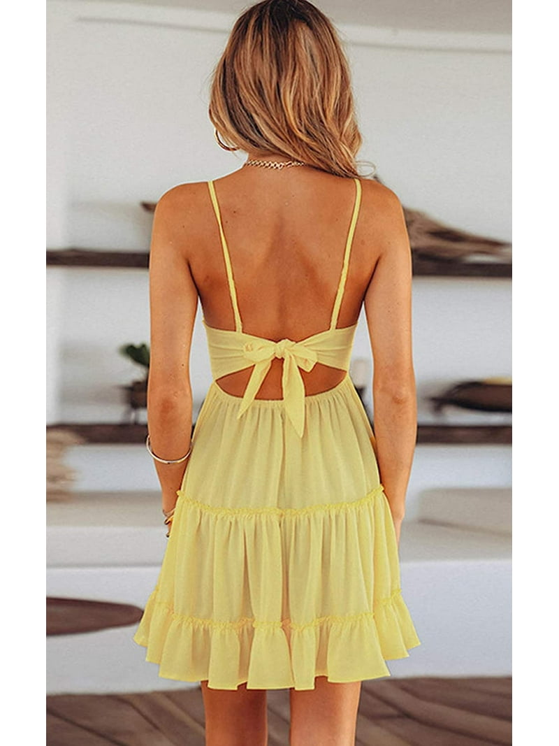 ワンピース ETMON Back Point Ring Strap Dress, Vanilla Yellow Women Dresses Tie Front V-Neck Spaghetti Strap Sundress