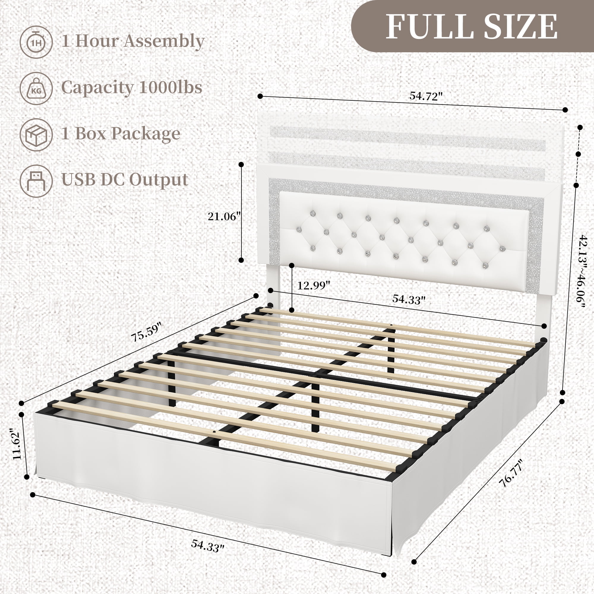 SIBEDS Full Upholstered Bed Frame with Adjustable Headboard and LED Lights, White PU Tufted Diamond Button, No Box Spring Needed, Noise Free