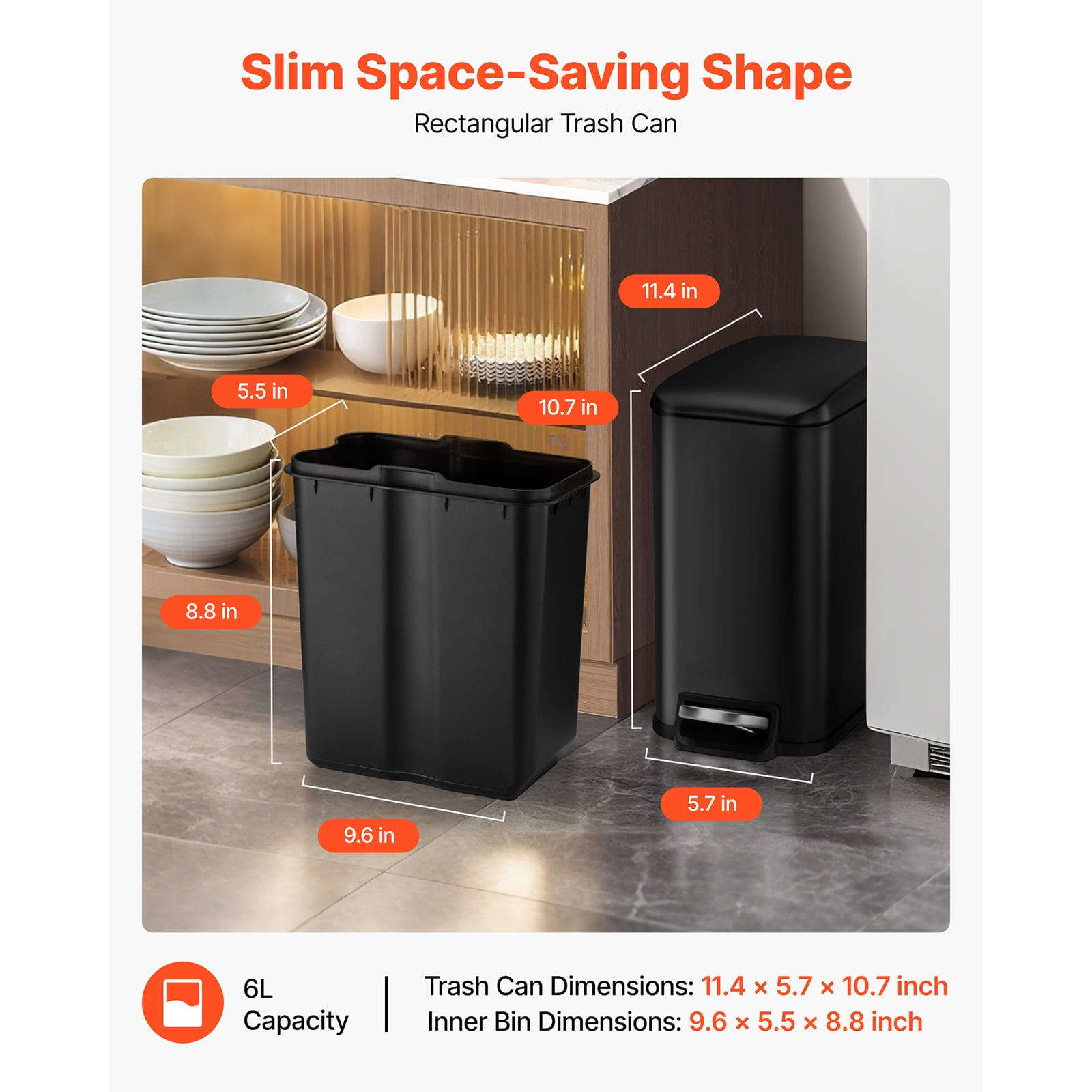 KFFKFF Slim Bathroom Trash Can, 11.4 x 5.71 x 10.7 Inch Compact Trashcan with Step Pedal & Quiet-Close Lid, 6L Steel Bin with Removable Inner Container, for Kitchen, Home, Dorm, Office, Black
