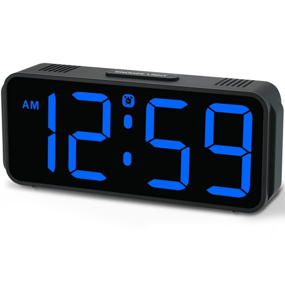 Compact Digital Alarm Clock for Bedroom Desk Table, Small Electric Clock with Large LED Display, Battery Backup, 6 Dimmer Settings, 5 Alarm Volumes, Blue
