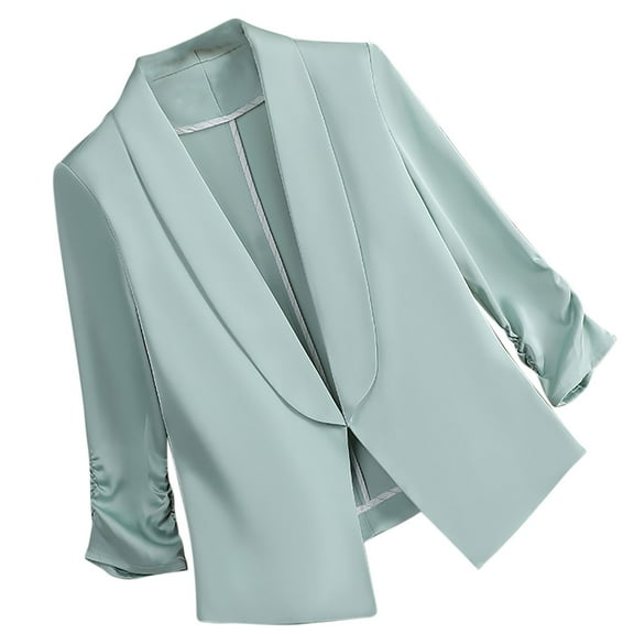 VSSSJ Womens Elegant Pleated Three Quarter Sleeve Notch Lapel Blazer Jacket Stylish Business Office Work Slim Fit Suit Coat Green L
