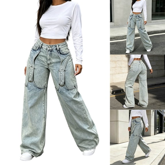 SBYOJLPB Women's Denim Pants Casual Daily Commuting Loose Jeans with Pockets