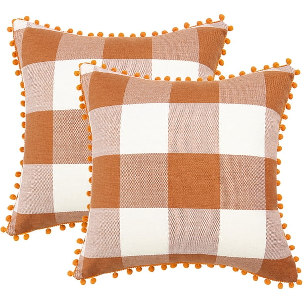 2uds Clásico Búfalo Cuadros Fundas Cojines Cubiertas con Pompones Decorativo Funda Cojín Poliester Almohada Cobertor 18 x 18 Pulgadas Naranja y beige