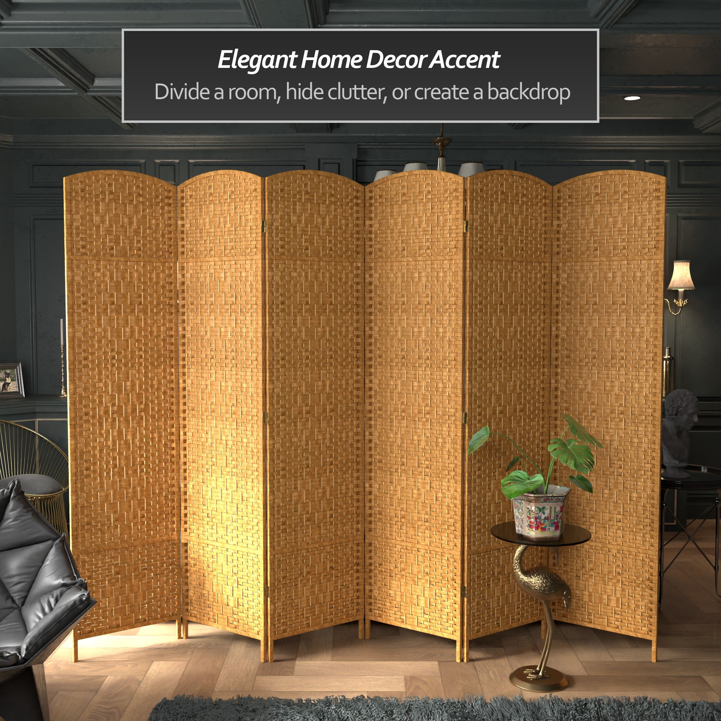 7 ft. Tall Rattan Fiber Diamond Weave Privacy Screen Room Divider - Light Beige - 6 Panels