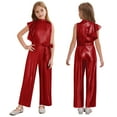 thumbnail image 5 of inlzdz Girls Sparkly Jumpsuit Ruffle Cap Sleeve Belted Wide Leg Romper Dressy Casual One Piece Outfits Red 8, 5 of 6