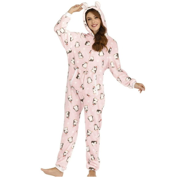 jsaierl Womens Fleece Pajamas Cute Penguin Print One Piece Jumpsuit Zipper Hooded Romper Loungewear Comfy Playsuit Homewear Onesie Christmas Pajamas
