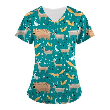 

DENGDENG Short Sleeve Animal Print Casual Scrubs for Women V Neck Loose Fit Workwear Tops