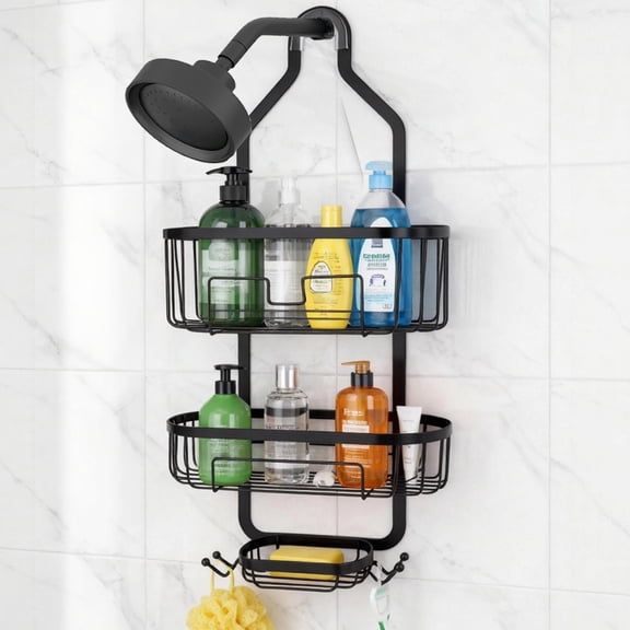 Hanging Shower Caddy Over ShowerHead, 3 Tier Rustproof Shower Shelves Organizer with Hooks & Soap Holder, Anti-Swing Bathroom Shower Organizer, Black Shower Caddy Hanging