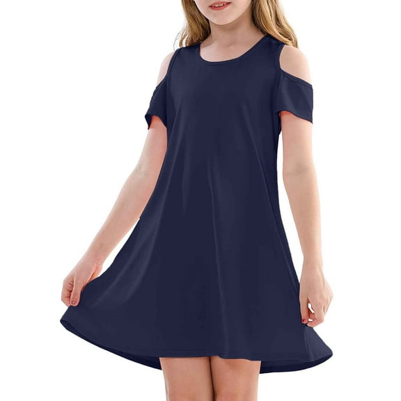 MIASHUI Girls Off Shoulder Dresses Summer Casual Loose Beach Sun Dress,Navy,11-12 Years