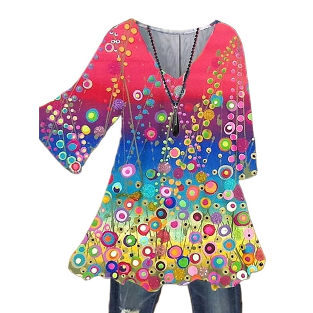 MAWCLOS Women Blouse V Neck Tops Ruched Tunic Shirt Elegant Beach Floral Print Pullover #7 2XL