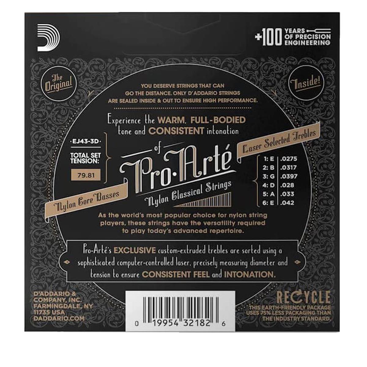 D'Addario EJ43 Pro-Arte Nylon Classical Guitar Strings, Light Tension, 3 Sets
