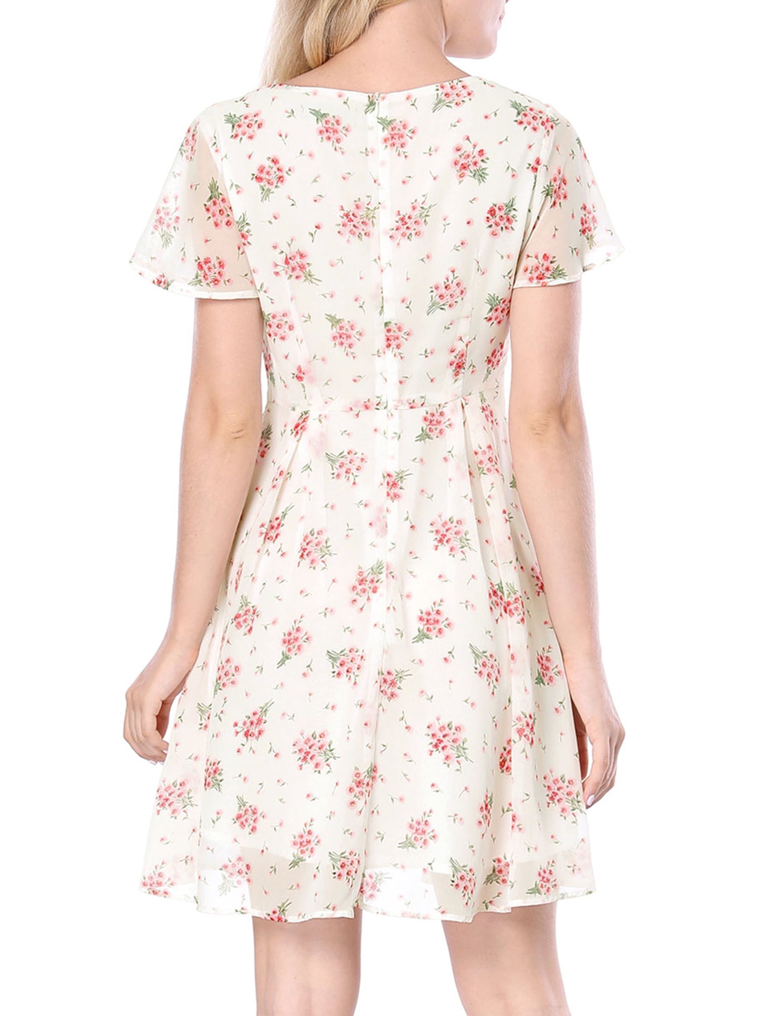 DARING DIVA Floral Flouncing Sleeve V Neck A-Line Chiffon Dress  S White