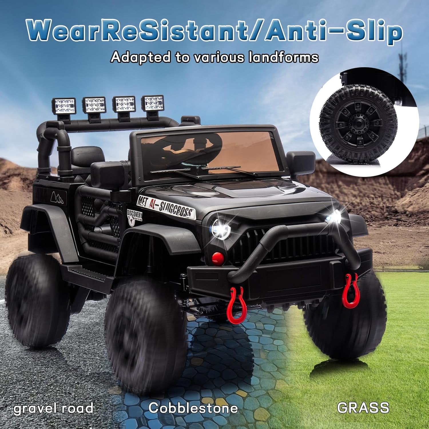 POVANLI 24V Kids Ride on Toy Jeep with Parent Remote, Electric Truck Car for Kid w/ 2*200W Moter, 3 Speeds, LED Lights, Multifunctional Dashboard, Bluetooth Music, USB, Toy Gift for Boy Girl(Black)