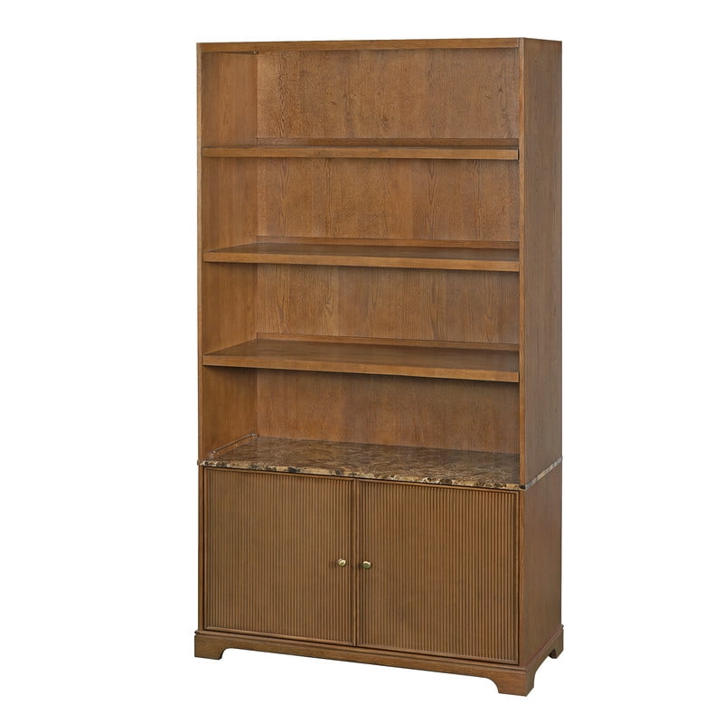 91" Tall Storage Cabinet with Faux Marble Tabletop, Freestanding Bookcase with Fluted Doors, Wooden Display Bookshelf Office Hutch