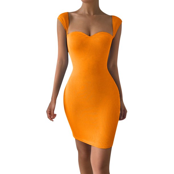 Gibobby Vestidos cortos de mujer Vestido midi de satén de verano para mujer, manga casquillo, cintura con , elegante línea A, vestidos fluidos(Naranja,G)