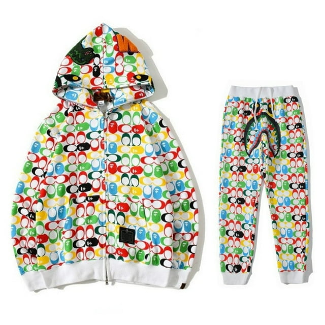 2025 BAPE WGM Teen Shark Head 3D Digital Print Trendy Zip-Up Hoodie Set