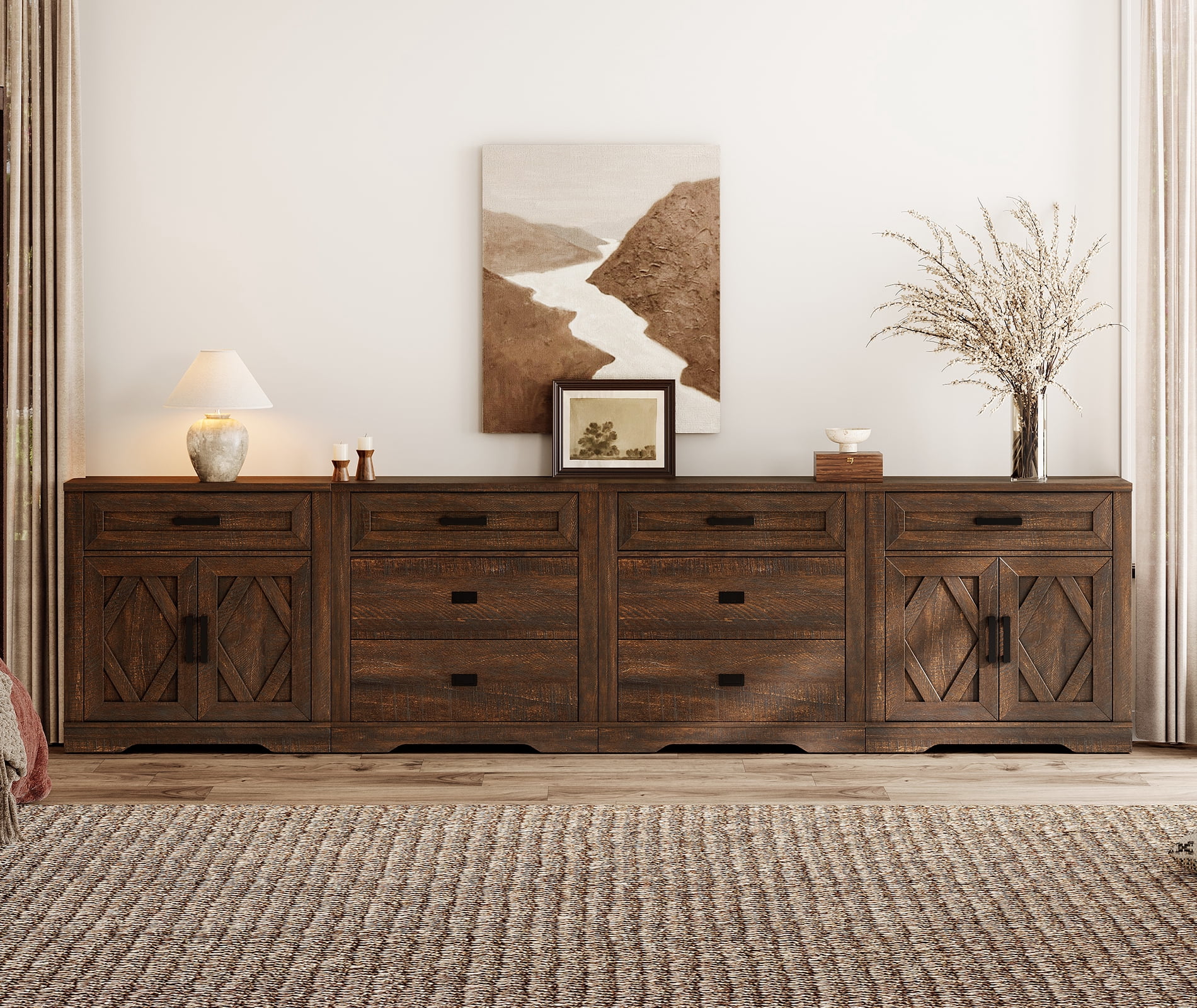 WAMPAT 126"W Large TV Stand,4-in-1 Farmhouse Entertainment Center with Storage Barn Door Cabinet,TV Console Table With Media Cabinet and Drawers for Living Room,Bedroom,Rustic Brown