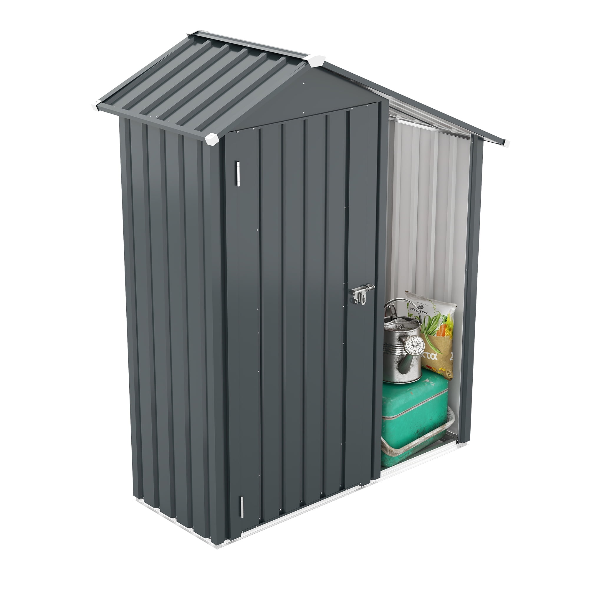 Metal Garden Shed, Small Outdoor Storage Shed with Lock, 2-in-1 Waterproof Galvanized Steel Tool Shed & Firewood Rack for Backyard, Patio, Dark Gray