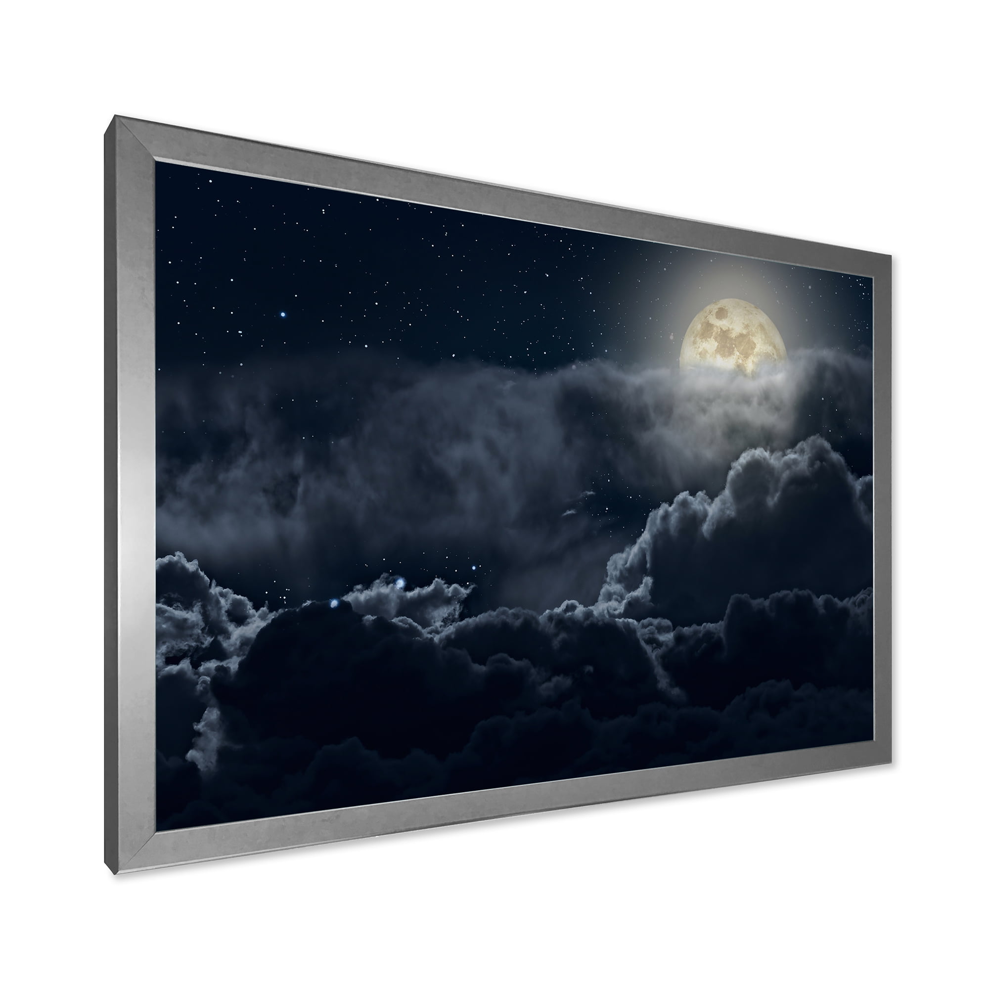 Designart 'Cloudy Full Moon Night With Stars' Nautical & Coastal Framed Art Print