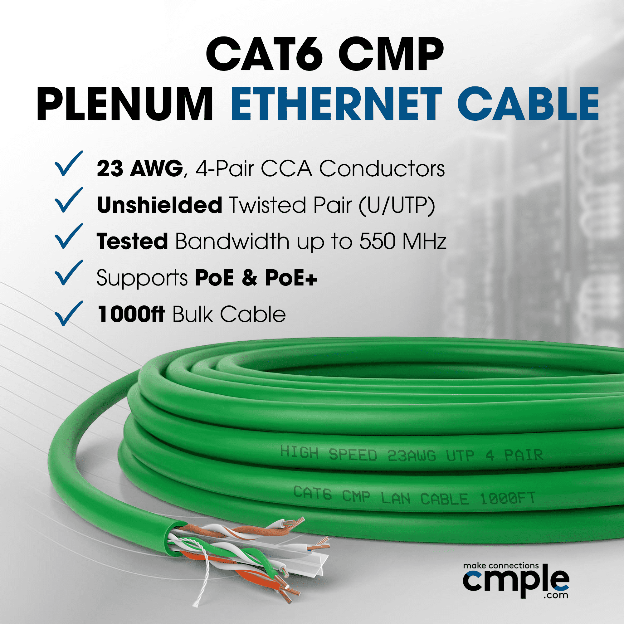 Cmple Cat6 Ethernet Cable 1000ft Plenum CMP 23AWG 550MHz UTP Solid 10Gbps PoE In-Wall Rated Bulk LAN Network Cable DSX-8000 Tested Pull Box - Green