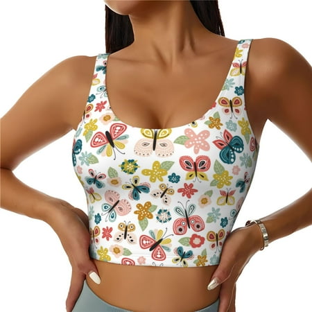 Jgfou Butterfly Flowers Print Womens Sports Bra - Padded Workout Sports Bras Crop Tank Top