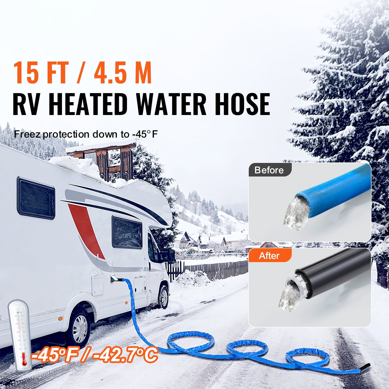 KFFKFF 15ft RV Heated Water Hose, Corrugated Cover, Anti-Freeze up to -45°F, Self-Regulating, 5/8" I.D., 3/4" GHT Adapter, Lead & BPA Free