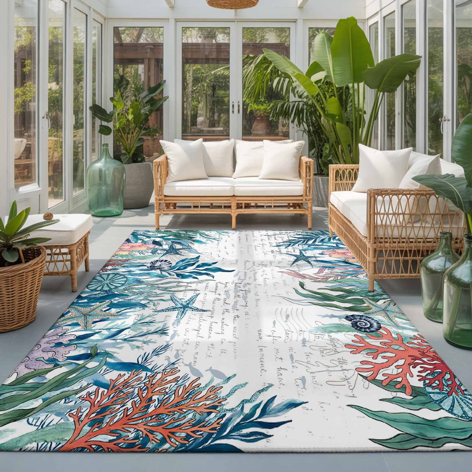 Area Rugs 4'x6'. Coastal Teal Seaweed Carpet Runner Indoor Outdoor Rugs Home Decor Aesthetic, Summer Beach Coral Starfish Retro Non Slip Mats Washable Accent Rug for Living Room Bedroom