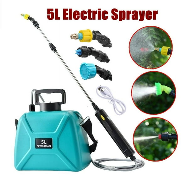 Battery Powered Garden Sprayer, 1.35 Gallon/5L Powerful Electric Sprayer with USB Rechargeable Handle,Portable Water Sprayer with Telescopic Wand, 3 Mist Nozzles and Adjustable Shoulder Strap