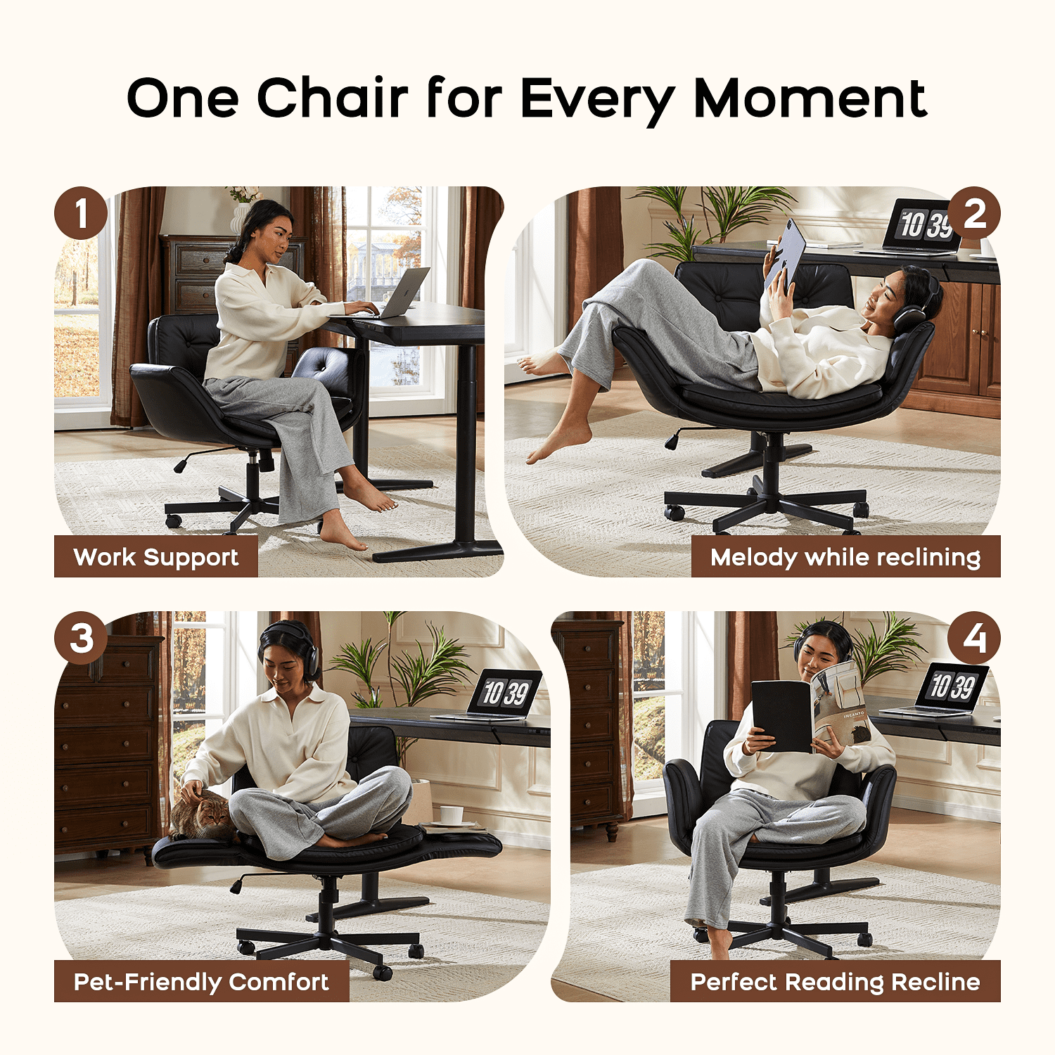 TMV Criss Cross Chair with Wheels & Armrests, Comfy Wide Vanity Chair, PU Leather Cross Legged Desk Chair, Height Adjustable Computer Office Desk Chairs for Home＆Makeup＆Bedroom，Black