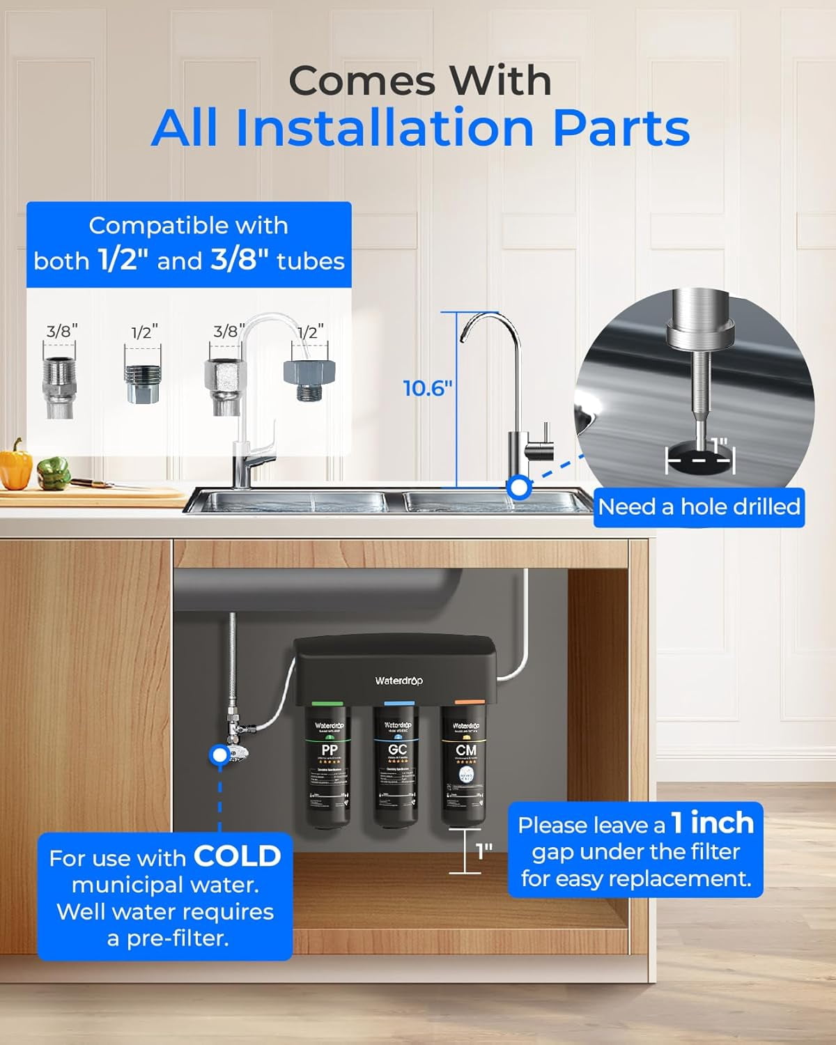 Waterdrop TSB-CM Under Sink Water Filter System, Under Sink Water Filtration System with Brushed Nickel Faucet,NSF/ANSI 42 Certified Element