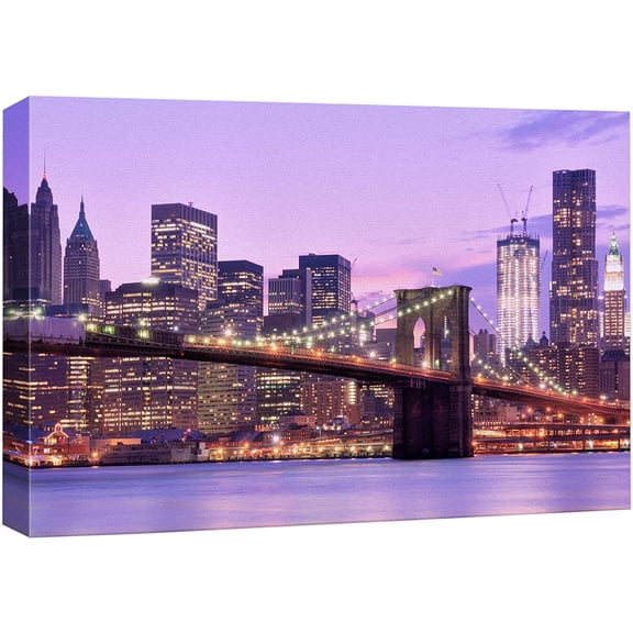 wall26 Canvas Print Wall Art New York City Pink Sunset Bridge Architecture Cityscape Photography Realism Rustic Scenic Landscape Modern Relax/Calm Colorful for Living Room, Bedroom, Office - 24"