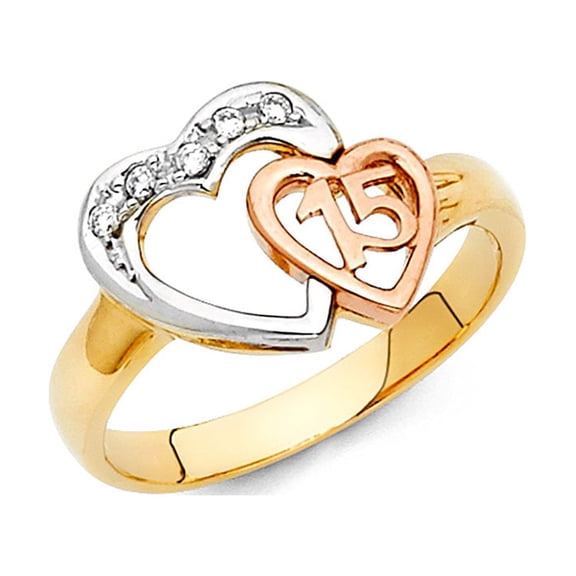 14k Yellow White Rose Gold CZ Heart 15 Ring Quinceanera Band Heart n Heart Stylish Fancy Size 7