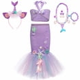 thumbnail image 4 of Conjunto de falda tutú de sirena con cola de pez para niñas + falda de tul, ropa de cumpleaños para niños, conjunto de disfraz de tutú largo de princesa sirenita, 4 of 5