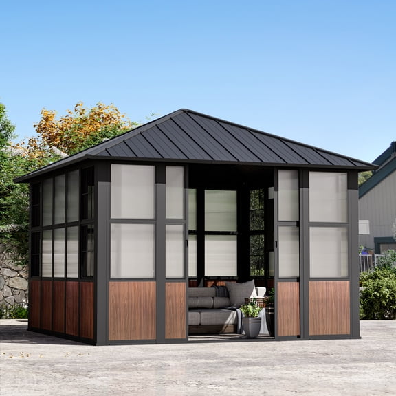Modern Shade 12'x12' Solarium Sunroom Gazebo, TV Mount, Sliding Doors, Double Roof, Ventilated Wood Grain Aluminum Hardtop for Patio