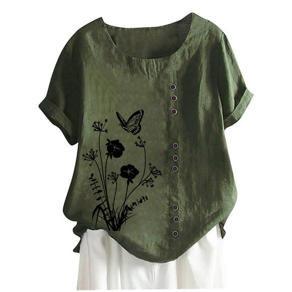 WREESH Womens Cotton Linen Shirts Summer Casual Short Sleeve Round Neck Print Loose Shirt Tops Olive Green